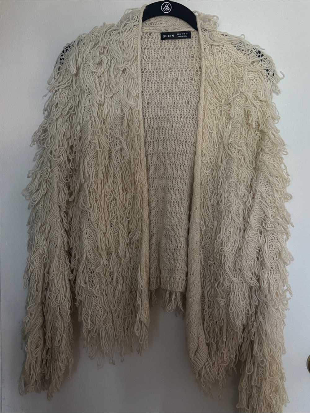 SHEIN Cream Loop-Texture Fringe Open Knit Cardigan